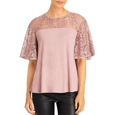 Manufacturer: K & C Style Type: Pullover Top Collection: K & C Sleeve Length: Bell Sleeves Material: 100% Rayon Fabric Type: Rayon Specialty: Embroidered Sku: BH5884827 Size: S.  Color: Purple.  Gender: female.  Age Group: adult. Feminine Short Sleeve Tops For Fall, Feminine Stretch Tops For Fall, Feminine Crew Neck Tops For Layering, Feminine Crew Neck Tops For Fall, Feminine Fall Crew Neck Tops, Lace Trim Shorts, Solid Tops, Top Collection, Lace Tops