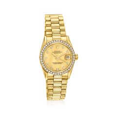 Pre-Owned Rolex Datejust Women's 31mm Automatic 18kt Yellow Gold Watch. C. 1990. Experience the renowned luxury of a pre-owned Rolex with this Datejust women's watch. The timepiece features Swiss automatic movement, synthetic sapphire crystal, 31mm case, 18kt yellow gold bezel with diamonds, champagne dial with diamond markers, and an 18kt yellow gold crown and Presidential bracelet with a concealed clasp. Water-resistant up to 100M. Pre-owned Rolex 18kt yellow gold watch. Ross-Simons is not an Rolex Datejust Women, Rolex Diamond Watch, Rolex Diamond, Rolex Watches Women, Rolex Women, Gold Rolex, Pre Owned Rolex, Gold Crown, Royal Jewelry