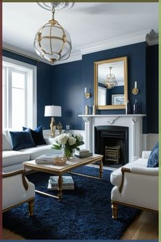 Transform your living room with navy blue walls for a bold and sophisticated look. Pair with white trim and furniture to create a striking contrast. Add gold or brass accents through lighting fixtures and decor items to enhance the luxurious feel. Complete the space with a plush navy rug and elegant artwork.\n#NavyBlueLivingRoom #SophisticatedSpaces #BoldDecor #WhiteContrast #GoldAccents #LivingRoomDesign #HomeInspiration #InteriorDesign #ElegantLiving #LuxuriousFeel#decor #design Navy Living Room With Fireplace, Navy Walls White Trim, Navy And Gold Interior Design, Midnight Blue Interior Design, Blue Living Room Ideas Home Decor, Dark Blue And Beige Living Room, Navy Blue House Decor, Dark Blue And White Living Room, Living Room Ideas Navy Blue