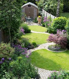 a garden with lots of green grass and purple flowers