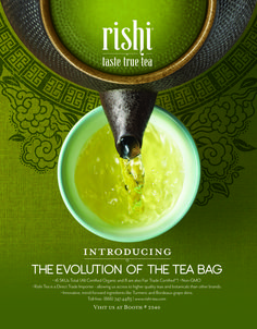 an advertisement for the revolution of the tea bag, with a green background and black lettering