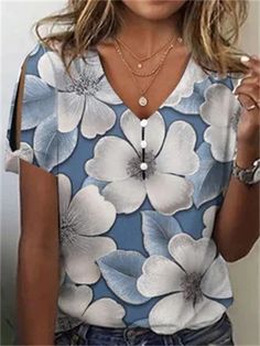 Women's Spring Blue Floral Print Casual V-Neck T-Shirt Light Blue V-neck T-shirt For Summer, Light Blue Printed V-neck Top, Blue V-neck T-shirt For Spring, Light Blue Floral Print V-neck Top, Women's Spring Outfits, Cheap Clothing, Spring Outfits Women, Blue Floral Print, Women T Shirts