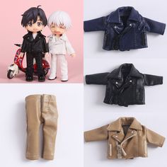 four different dolls are shown with clothes, shoes and toys in the foreground one doll is wearing a black leather jacket