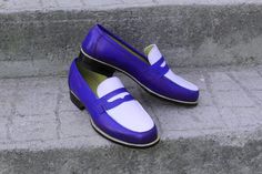 Crafted Leather Classic Blue White Leather Moccasin Loafers Dress Shoes on Storenvy Office Moccasins With Round Toe, Fitted Round Toe Moccasins For Office, Office Fitted Round Toe Moccasins, Blue Leather Moccasins For Office, Elegant Blue Slip-on Moccasins, Blue Round Toe Moccasins For Galas, Elegant Purple Leather Loafers, Elegant Blue Office Moccasins, Blue Leather Loafers