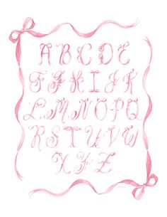 the letters and numbers are drawn in pink ink on white paper with ribbon around them