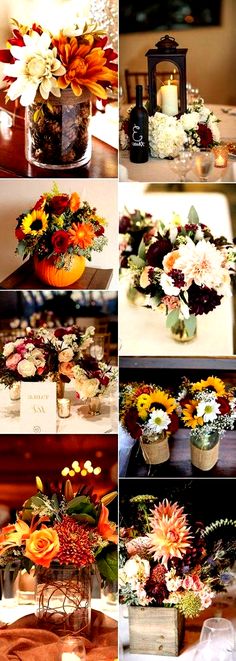 many different pictures of flowers in vases on a table with candles and napkins