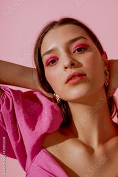 Stock Image: Close up beauty portrait of young beautiful woman with pink, fuchsia color eyeshadow makeup, flawless clean skin. Spring, summer trendy make up Bright Pink Eyeshadow Looks, Camp Makeup, Bright Pink Eyeshadow, Heads Drawing, Pink Eyeshadow Looks, 80s Miami, Fruit Shoot, Monochromatic Style, Makeup Flawless