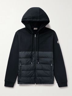 MONCLER Logo-Appliquéd Panelled Cotton-Jersey and Quilted Shell Down Zip-Up Hoodie for Men | MR PORTER Luxury Winter Sweatshirt With Ribbed Cuffs, Sporty Winter Outerwear With Logo Detail, Luxury Logo Detail Sweatshirt For Winter, Hooded Outerwear With Logo Detail For Streetwear, Luxury Winter Hoodie Sweatshirt, Hooded Streetwear Outerwear With Logo Detail, Luxury Winter Hoodie With Ribbed Cuffs, Luxury Winter Sweatshirt, Luxury Winter Hoodie