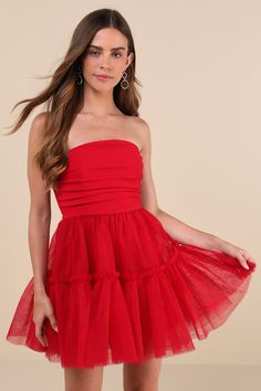 Lovely Extravagance Red Tulle Strapless Mini Dress Red Strapless Tulle Dress, Strapless Tulle Dress For Night Out, Red Tulle Dress For Summer, Mini Tulle Dress For Date Night, Strapless Tulle Mini Dress For Night Out, Flirty Strapless Tulle Dress, Flirty Tulle Mini Dress For Date Night, Flirty Tulle Dress For Date Night, Red Tulle Dress Short