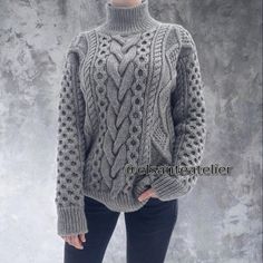 Gorgeous cable knit oversize sweater.  The back of the sweater with a pattern too.  Very cozy and warm.  100% handmade 💞 Perfect quality! The composition:  wool and acrylic blend (50/50).  It's soft and comfortable yarn.  READY-TO-SHIP grey sweater on the photo (real color on second picture): the length 68-70 cm / 26.77-27.55 in the width 55-56 cm / 21.65-22.04 in I'll make TO ORDER the size according to your measurements also. You can choose any colour. Your sweater will 100% handmade. Please, Nordic Chunky Knit Sweater For Fall, Fall Cable Knit Pattern For Cold Weather, Cable Knit Sweater For Cold Weather, Cable Knit Sweater For Winter Cold Weather, Gray Chunky Knit Knitting Pattern For Winter, Gray Chunky Knit Pattern For Fall, Winter Cable Knit Pattern For Cold Weather, Cozy Cable Knit Sweater For Cold Weather, Wool Cable Knit Sweater For Cold Weather