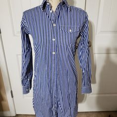 Nwot Polo Ralph Lauren Button Down Shirt Dress Color: Blue And White Size: Xs Classic Striped Long Sleeve Shirt Dress, Blue Cotton Collared Shirt Dress, Striped Shirt Dress With Buttons For Work, Blue Cotton Shirt Dress With Button Closure, Classic Striped Button-up Shirt Dress, Striped Cotton Shirt Dress With Buttons, Blue Collared Shirt Dress With Placket, Striped Collared Shirt Dress With Button Closure, Blue Long Sleeve Shirt Dress With Placket