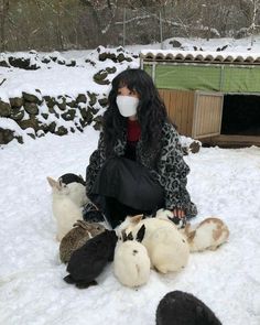 a woman sitting in the snow surrounded by stuffed animals and wearing a facemask