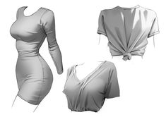 three different views of a woman's dress and top, from the front to the back