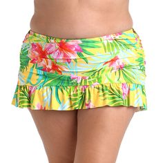 The lively combination of colors and tropical motifs on this swim collection exudes a playful and energetic vibe, making it a perfect choice for those seeking a bold and stylish beach look. Featuring a ruffled skirt with built-in bottoms, this suit is up for anything, whether snorkeling in the sea or swimming in the pool. A shirred waistband and romantic ruffles instantly flatter the figure. Full rear coverage gives you the confidence you need to strut around the deck or poolside in style. [spli Casual Summer Swim Skirt With Ruffled Details, Playful Beach Bottoms For Spring, Playful Spring Beach Bottoms, Green Beachy Swimwear For Summer Outings, Summer Ruffled Stretch Swim Skirt, Vibrant Fitted Poolside Bottoms, Ruffled Stretch Swim Skirt For Summer, Summer Stretch Swim Skirt With Ruffled Detail, Vibrant Fitted Bottoms For Poolside