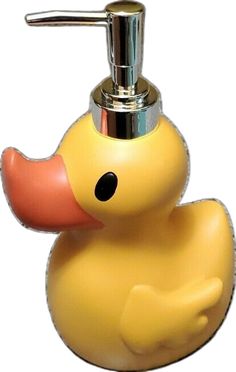 a yellow rubber ducky soap dispenser with a chrome faucet