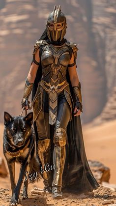 a person in armor walking with a dog on a dirt ground next to a cliff