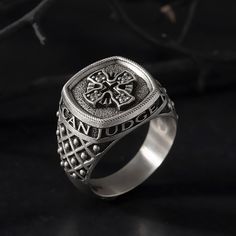 This 925K sterling silver ring, with an aged finish, features stylish engraving details. Expertly made and intricately designed, SilverGates jewelry collection is presented in an array of contemporary and classic pieces. Made with carefully selected materials. ★Item Details * Material : 925K Sterling Silver * Zircon Diamond * Total weight : 11-12 Grams (The gram of the ring varies according to the desired size) * Ring Diameter : 2.00 cm * 1.50 cm Man Ring, Men Rings, Head Ring, Men Ring, Mens Silver Rings, Christmas Gifts For Men, Jewelry Unique, Silver Gifts, Religious Jewelry