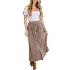 Khaki Elastic Waist Pleated Button Midi Skirt Casual Long Skirt With Buttons, Casual Relaxed Maxi Skirt With Button Closure, Casual Skirt With Side Buttons For Spring, Casual Fitted Skirt With Side Buttons, Fitted Casual Skirt With Side Buttons, Casual Maxi Skirt With Button Closure, Casual Midi Skirt With Buttons, Casual Workwear Maxi Skirt With Button Closure, Casual Relaxed Maxi Skirt With Buttons