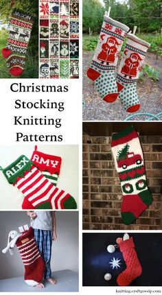 christmas stocking knitting patterns are featured in this collage, including stockings and stockings