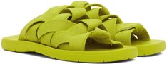 Woven elasticized webbing slip-on sandals in green. · Open square toe · Logo-embossed molded rubber footbed · Treaded rubber sole Supplier color: Kiwi Modern Green Sandals With Removable Insole, Green Leather Sport Sandals For Summer, Green Sandals With Textured Sole For Spring, Green Synthetic Sport Sandals With Rubber Sole, Spring Green Sandals With Textured Sole, Green Leather Summer Slides, Green Textured Sole Spring Sandals, Green Leather Slides For Summer, Green Slip-on Sandals With Rubber Sole