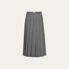 Prada skirt with a detachable belt with metal buckle Slip included Wraparound pleated silhouette Midi length Side button Mohair/virgin wool Dry clean Made in Italy Prada Skirt, Belted Midi Skirt, Evening Flats, Cocktail Jacket, Platform Pumps, Lingerie Sleepwear, Handbags On Sale, Travel Size Products, Midi Length