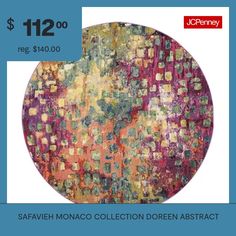 a round rug with an abstract design on the front and bottom, in various colors