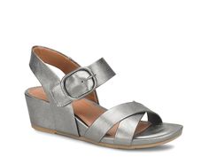 Eurosoft Rowe Sandal Casual Silver Wedge Sandals For Summer, Silver Wedge Sandals With Heel Strap For Spring, Spring Silver Ankle Strap Wedge Sandals, Silver Ankle Strap Wedge Sandals For Spring, Casual Silver Ankle Strap Sandals, Summer Crossover Sandals With Heel Loop, Spring Crossover Wedge Sandals, Casual Silver Wedge Sandals With Round Toe, Silver Casual Wedge Sandals With Round Toe