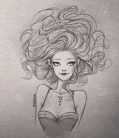 a drawing of a girl with long hair and blue eyes, wearing bras in the water