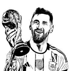 a black and white drawing of a man holding a soccer ball in his right hand