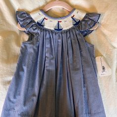 Nwt Smocked Dress. Size 12 Months Cute Smocked Dress For Dress-up, Fitted Blue Smocked Dress For Playtime, Cute Ruffled Smocked Dress For Dress-up, Casual Smocked Dress With Smocked Back For Playtime, Preppy Cotton Dress For Playtime, Blue Cotton Preppy Dress, Blue Dress With Smocked Bodice For Playtime, Cute Navy Sleeveless Dress, Cute Sleeveless Navy Dress