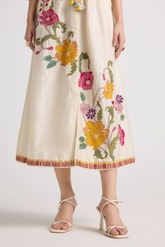 Ivory chanderi dress with floral chainstitch, thread and beaded embroidery. - Aza Fashions Chanderi Dress, Midi Dress For Women, International Style, Modern Bride, Chain Stitch, Dress For Women, Dress Pattern, Xl Dress, Aza Fashion