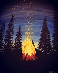 an oil painting of a fire in the woods