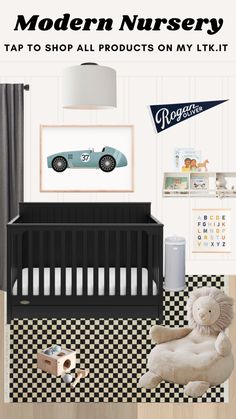 a baby's nursery with the words modern nursery tap to shop all products on my link