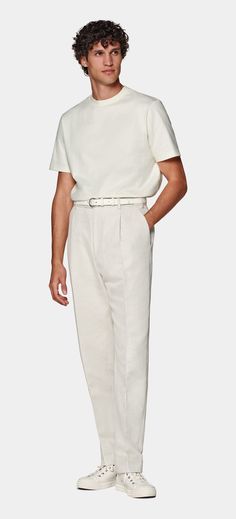 Off-White Crewneck T-Shirt in Pure Cotton | SUITSUPPLY US All White Look Men, Cream Outfits Men, Fitted Cream Crew Neck T-shirt, Classic Linen T-shirt For Summer, White Crew Neck T-shirt For Workwear, Classic Fitted T-shirt For Business Casual, Classic Linen Short Sleeve T-shirt, Classic Cotton T-shirt For Business Casual, Classic Cream Relaxed Fit T-shirt