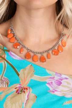 Featuring oval, round, teardrop, and marquise cuts, a fanciful collection of opaque and translucent orange beads sways from a bold silver chain. The faceted beads are set in silver prong settings, giving a spunky vibe to the whimsical collection as it lays below the collar. Features an adjustable clasp closure. Sold as one individual necklace. Includes one pair of matching earrings. Get The Complete Look! Bracelet: "Serendipitous Shimmer - Orange" (Sold Separately) Orange Necklace, Paparazzi Accessories, White Necklace, Copper Necklace, Black Necklace, Paparazzi Jewelry, Rhinestone Necklace, Marquise Cut, Faceted Bead