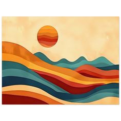 an abstract painting with waves and a sun in the background