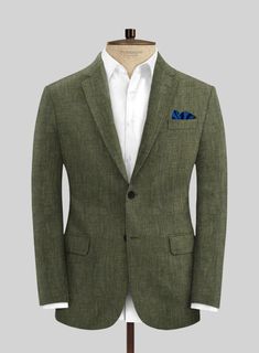 Flaunt your confidence at any occasion with a quirky yet majestic green linen suit. Crafted from 100% linen, this suit will help you to add some panache to your solid color suiting. Unite it with a matching waistcoat, a white shirt and black oxford shoes. 
 
 Look Includes  Solbiati Dew Green Linen Fabric  Two Button Jacket Style  Notch Lapel  Real Horn Solid Buttons  Single Vent  Two Cuff Buttons  Two Welted Back Pockets on Trousers   
 You can change the look during customization if required. Green Suit Jacket, Green Tweed Suit, Blue Pinstripe Suit, Olive Green Suit, Herringbone Suit, Black Oxford Shoes, Tweed Trousers, Olive Jacket, White Linen Shirt