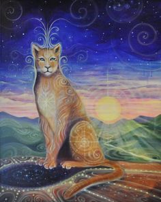 a painting of a cat sitting on top of a rock in the middle of a night sky