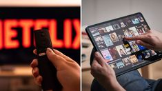 two pictures one showing a person holding a remote and the other displaying a netflix sign