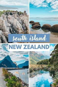 some rocks and water with the words south island new zealand in blue overlays