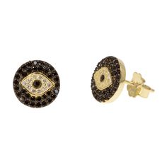 This Black and gold rendition of the evil eye — crafted from crystal on a gold plated silver setting — is at once ancient-looking and undeniably modern. They’re one of our favorite ways to make sure we’re always wearing just a little bit of attitude. About: 14k gold plated silver stud setting, .4" wide, Black and clear crystal evil eye pave, Hypoallergenic. Stud Set, Gold Plated Silver, Silver Studs, Evil Eye, Clear Crystal, Onyx, Silver Plate, Gold Plate, Plating