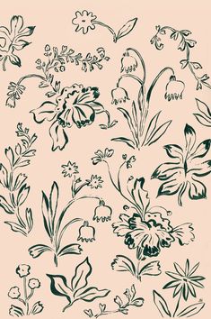 black and white drawing of flowers on a light pink background with the words,'i love