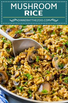 mushroom rice in a pan with a spoon