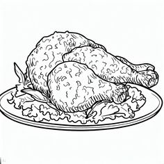 a black and white drawing of a turkey on a plate with gravy sauce