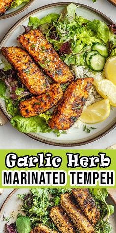 grilled fish marinated with lemon and lettuce on a plate