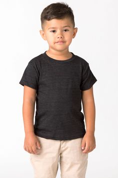 Our Tri-Blend Toddler T-Shirt. The polyester gives the garment shape and elasticity; the cotton adds comfort and durability; the rayon makes for a luxurious texture and is great for play. Durable rib neckband will last for years. Our experienced sewers earn up to $25 an hour and no less than $17.28; additionally workers have healthcare benefits for less than $15 per week, a 401k plan, paid sick days, subsidized bus passes and favorable overtime benefits. Due to yarn constraints we do not have a Lace Knitwear, Denim Short Jumpsuit, Kids Garments, Denim Workwear, Leather Denim, Sleeveless Vest, Active Wear Leggings, Long Sleeve Bodysuit, Collar Shirts