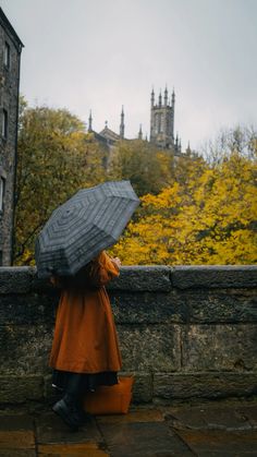 a woman with an umbrella is standing on a ledge in front of a building and looking at the trees