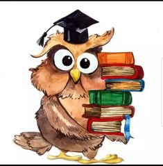 an owl wearing a graduation cap and holding a stack of books with caption in spanish