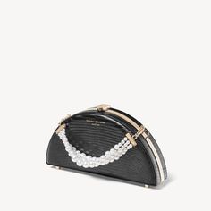 Luna Clutch in Black Lizard | Aspinal of London Black Lizard, Evening Accessories, Hinged Frame, String Of Pearls, Signature Hardware, Rolo Chain, Half Moon, Gold Tone Metal, Full Grain Leather