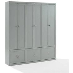 a large gray cabinet with three doors and two drawers on the bottom, in front of a white background